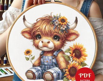 Highland Cow Cross Stitch Pattern PDF, Flowers Embroidery (Pattern Keeper Compatible, Instant Download)