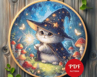 Wizard kat kruissteekpatroon, magische fantasie borduurontwerp, borduurpatroon, eenvoudig pdf-kruissteekpatroon, direct downloaden, doe-het-zelf