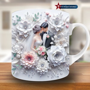Envoltura de taza de boda 3D, plantilla de taza de 11 oz y 15 oz, diseño de sublimación de taza de novia, plantilla de envoltura de taza de novio, descarga digital instantánea PNG, regalo de novia