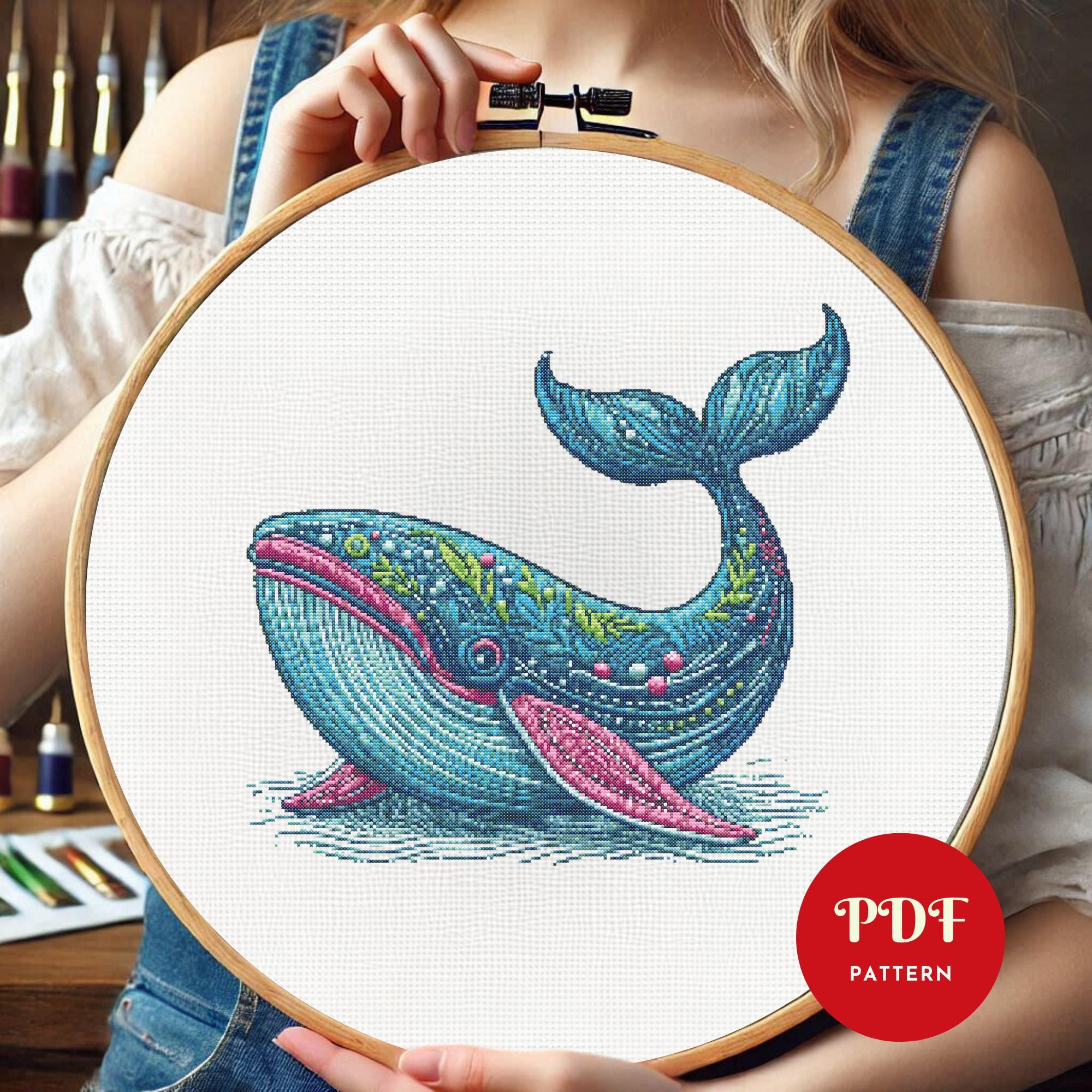 クジラのクロスステッチ図案、海の動物の刺繍デザイン、海のニードル