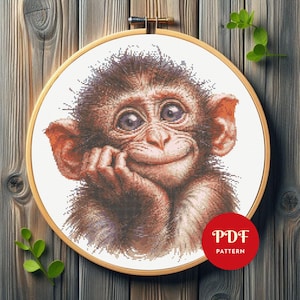 Cute Baby Monkey Cross Stitch Pattern, Funny Animal Embroidery Design, Cartoon Ape Needlepoint Chart, Easy Cross Stitch PDF Pattern, Instant