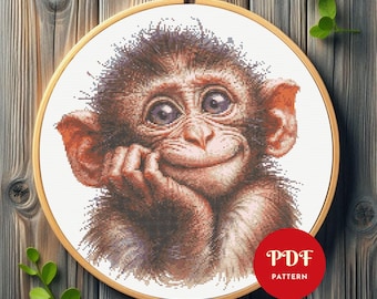 Cute Baby Monkey Cross Stitch Pattern, Funny Animal Embroidery Design, Cartoon Ape Needlepoint Chart, Easy Cross Stitch PDF Pattern, Instant