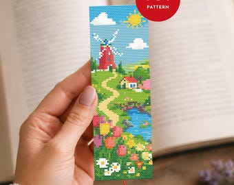 Landscape Bookmark Cross Stitch Pattern PDF, Whimsical Countryside Design (Pattern Keeper Compatible, Instant Download)