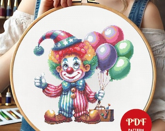 刺繍額 ピエロ ピエロのクロスステッチパターン、カラフルなバルーン刺繍ステッチ