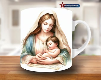 Jesus Nativity Mug Wrap, 11oz & 15oz Mug Template, Christian Mug Sublimation Design, Virgin Mary Mug Wrap Template, Instant Download PNG