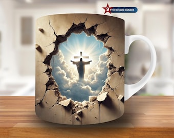 3D Jesus in Heaven Hole in a Wall Mug Wrap, 11oz & 15oz Mug Template, Christian Mug Sublimation Design, Cross Mug Wrap Template, Digital PNG