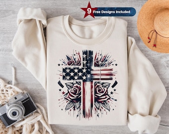 Patriotic Cross PNG, Patriotic Christian Sublimation Design, Cross with Roses Clipart, 4th of July Shirt Design, American Flag,Instant,DTF