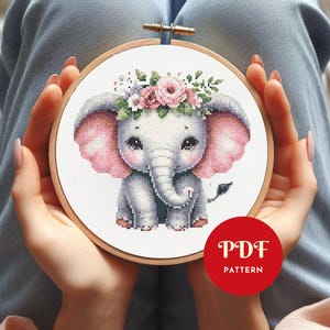 Padrão de ponto cruz de elefante bebê, design de bordado de animais fofos, gráfico de bordado, padrão de ponto cruz fácil em PDF, download instantâneo, faça você mesmo