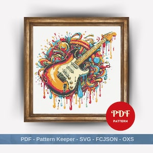 Colorful Guitar Cross Stitch Pattern, Music Embroidery Pattern, Guitar Embroidery Design, Cross Stitch PDF Pattern File, Digital download