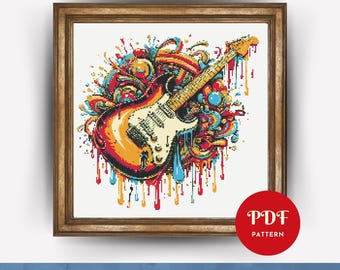 Colorful Guitar Cross Stitch Pattern PDF, Music Embroidery (Pattern Keeper Compatible, Instant Download)