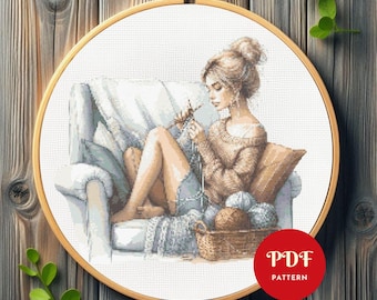 Blonde Girl Crocheting Cross Stitch Pattern, Cozy Embroidery Design, Needlepoint Chart, Easy Cross Stitch PDF Pattern, Instant Download, DIY