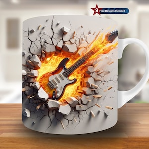 May include: White ceramic mug with a graphic of a guitar bursting through a cracked wall with flames. The guitar is black and white with a red and yellow flame design.