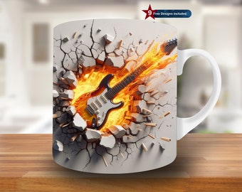 Agujero de guitarra eléctrica 3D en una envoltura de taza de pared, plantilla de taza de 11 oz y 15 oz, diseño de sublimación de taza de música, plantilla de envoltura de taza, descarga digital PNG