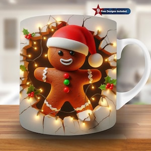 May include: White ceramic mug featuring a gingerbread man wearing a Santa hat, emerging from a cracked wall. The design includes string lights, holly, and the text "9 Free Designs Included".