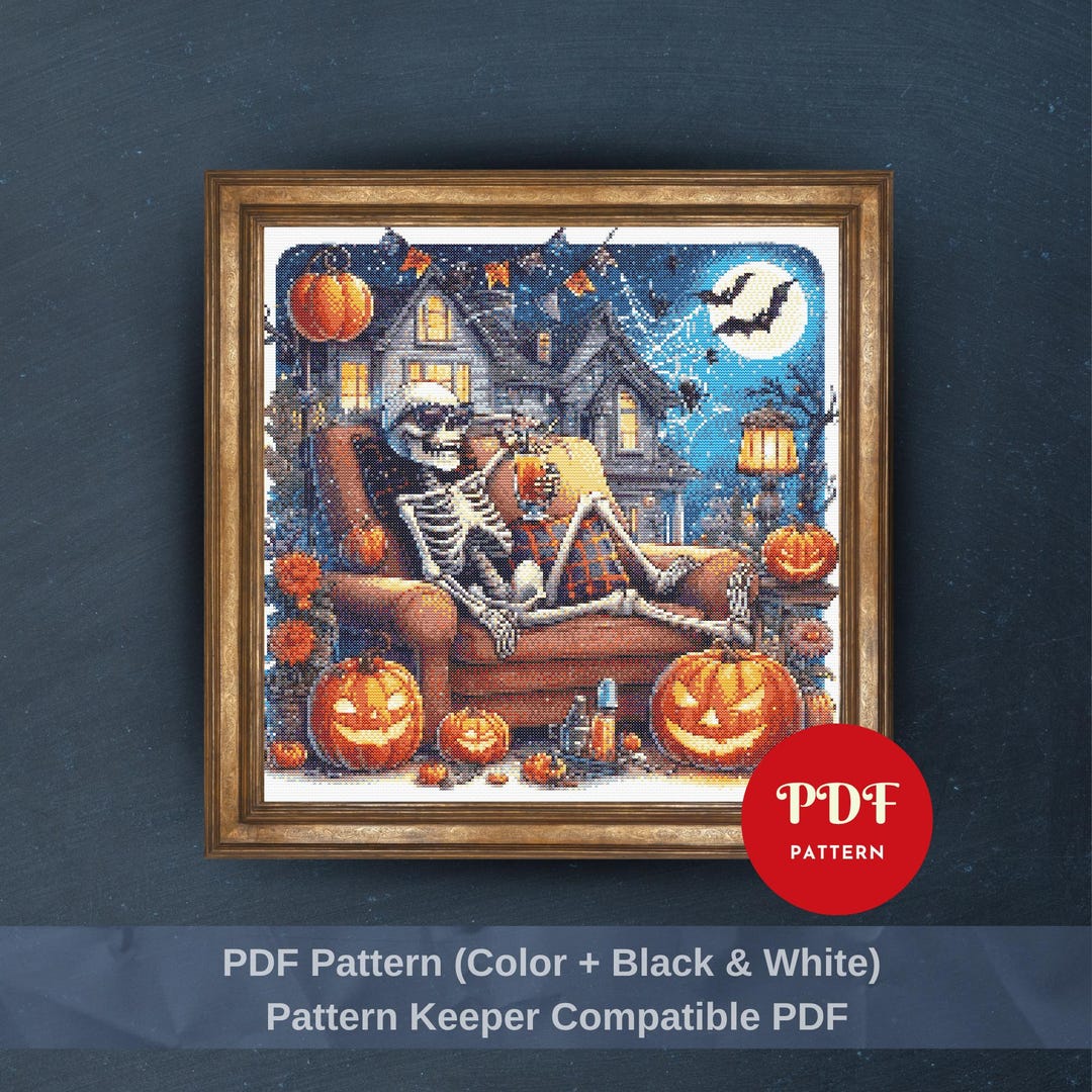 Halloween Skeleton Cross Stitch Pattern PDF, Spooky Pumpkin Design ...