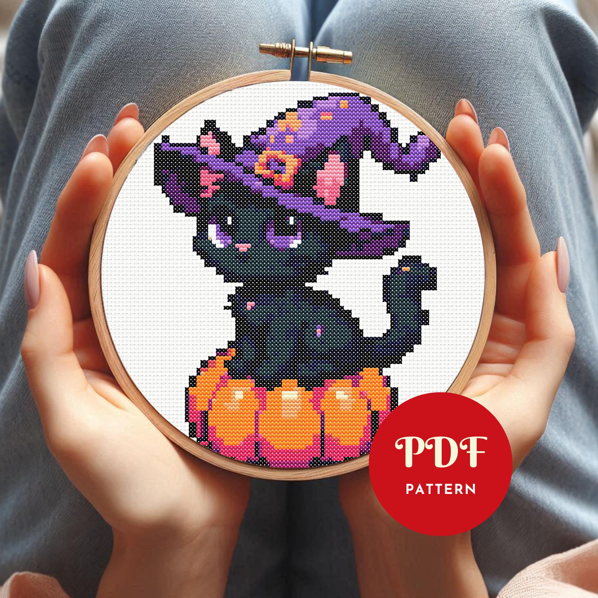 ハロウィン黒猫のクロスステッチ図案、魔女の帽子とカボチャの刺繍