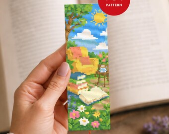 Reading Bookmark Cross Stitch Pattern PDF, Book Landscape Design (Pattern Keeper Compatible, Instant Download)