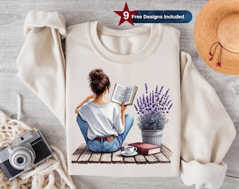 Girl Reading Books Png, Sublimation Design, Girl Clipart, Flower Png, Woman T-Shirt Design, Book Lover Gift, Digital Download Png, DTF