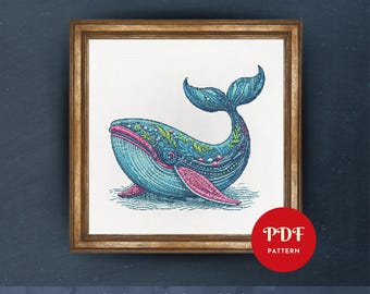 クジラのクロスステッチ図案、海の動物の刺繍デザイン、海のニードル