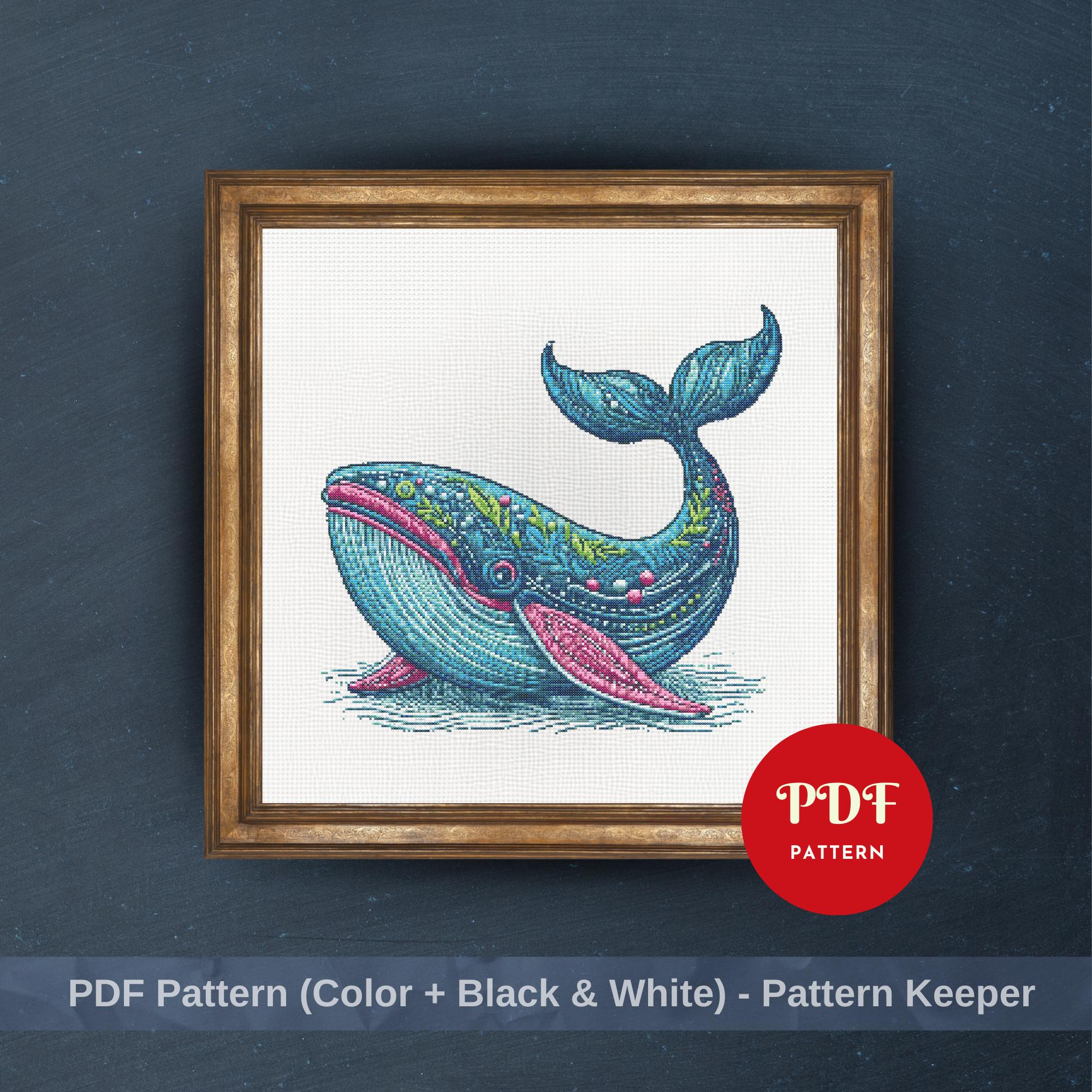 クジラのクロスステッチ図案、海の動物の刺繍デザイン、海のニードル