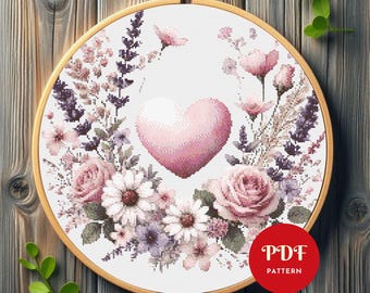 Floral Heart Cross Stitch Pattern, Romantic Embroidery Design, Love Needlepoint Chart, Easy Cross Stitch PDF Pattern, Instant Download,DIY