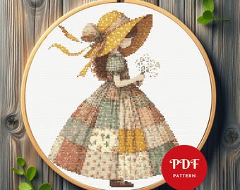 Patchwork Girl Cross Stitch Pattern, Vintage Embroidery Design, Country Needlepoint Chart,Easy Cross Stitch PDF Pattern,Instant Download,DIY