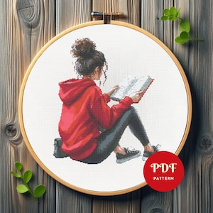 Girl Reading Boook Cross Stitch Pattern, Female Embroidery Design, Woman Needlepoint Chart, Easy Cross Stitch PDF Pattern, Book lover