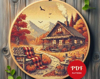 Autumn House Cross Stitch Pattern, Fall Embroidery Design, Harvest Needlepoint Chart, Easy Cross Stitch PDF Pattern, Instant Download, DIY