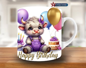 Happy Birthday Highland Cow Mug Wrap, 11oz & 15oz Mug Template, Mug Sublimation Design, Mug Wrap Template, Instant Digital Download PNG
