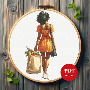 ショッピングバッグを持った女の子のクロスステッチパターン、女性の刺繍デザイン、女性のニードルポイントチャート、簡単なクロスステッチPDFパターン、インスタント、DIY