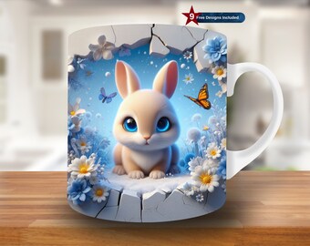 Envoltorio para taza con diseño de conejo en 3D, diseño de conejo por sublimación (PNG)