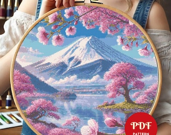 桜と富士山の刺繍フレーム　ハンドメイド 刺繍アート インテリア 富士山のクロスステッチ図案、日本の風景刺繍デザイン、桜の刺繍図案