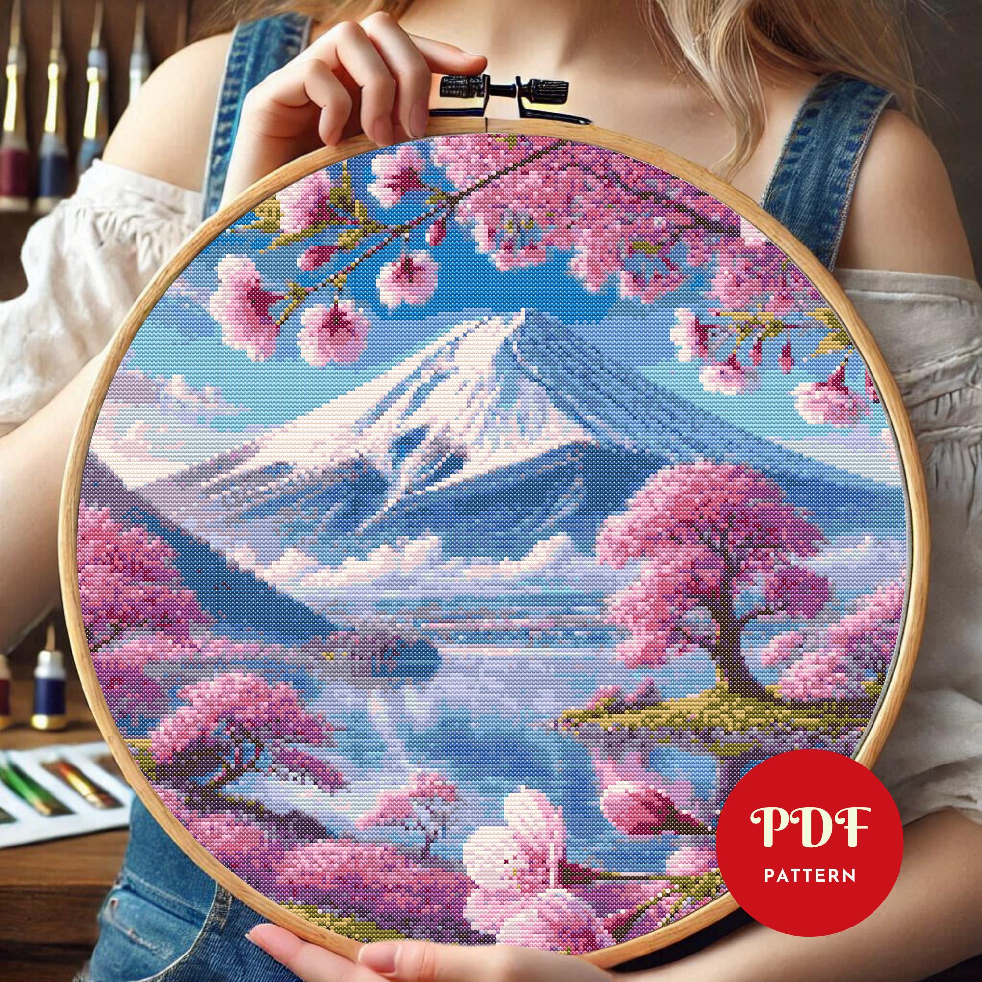 富士山のクロスステッチ図案、日本の風景刺繍デザイン、桜の刺繍図案
