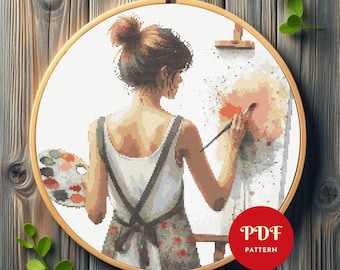 女の子の絵画クロスステッチパターン、アート刺繍デザイン、女性の