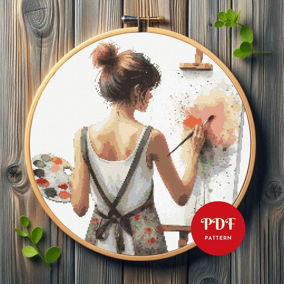 女の子の絵画クロスステッチパターン、アート刺繍デザイン、女性の