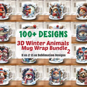 3D Winter Animal Mug Wrap Bundle, 11oz & 15oz Mug Template, Christmas Mug Sublimation Design, Mug Wrap Template, Instant Download Png