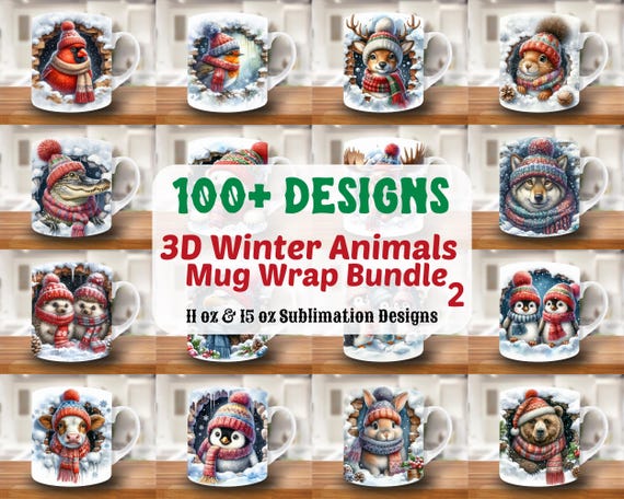 3D Winter Animal Mug Wrap Bundle, 11oz & 15oz Mug Template, Christmas Mug Sublimation Design, Mug Wrap Template, Instant Download Png