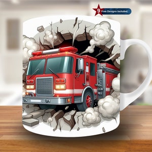 Puede incluir: Una taza de cerámica blanca con un camión de bomberos rojo rompiendo una pared agrietada. El camión tiene rayas blancas y detalles negros. Sale humo de las grietas de la pared.