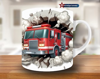 Agujero de camión de bomberos 3D en una envoltura de taza de pared, plantilla de taza de 11 oz y 15 oz, diseño de sublimación de taza de bombero, plantilla de envoltura de taza de café, descarga digital PNG