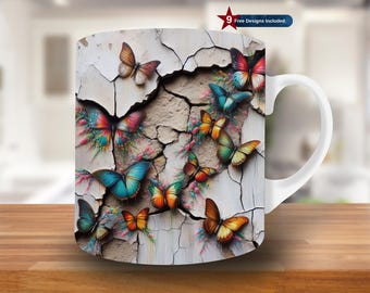 3D Kolorowy Motyl Pęknięcie W Ścianie Kubek Wrap, 11oz i 15oz Kubek Projekt, Kwiatowy Kubek Sublimacja Projekt, Szablon Kubek Kawy Wrap PNG