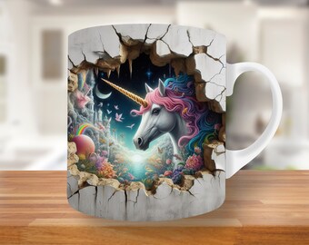 3D Unicorn Hole In A  Wall Mug Wrap, 11oz & 15oz Mug Template, Mug Sublimation Design, Mug Wrap Template PNG, Valentines day, purple mug