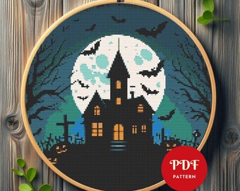 ハロウィンのクロスステッチパターン、お化け屋敷の刺繍デザイン