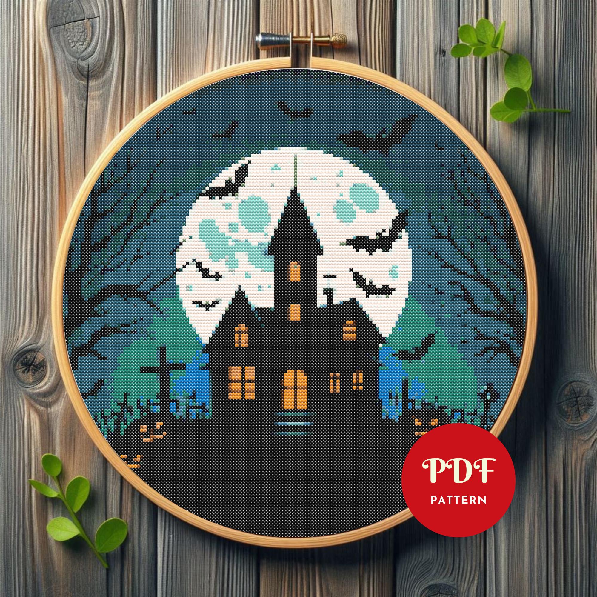 ハロウィンのクロスステッチパターン、お化け屋敷の刺繍デザイン