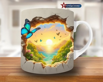 3D niedliches blaues Schmetterlingsloch in einer Wandbecherverpackung, 11 Unzen- und 15 Unzen Becherdesign, Becher-Sublimationsdesign, Kaffeetasse-Verpackungsvorlage PNG, Digital