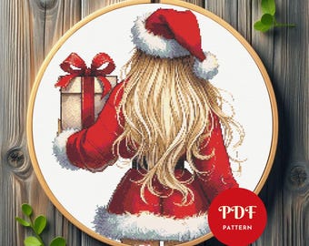 Modèle de point de croix Noël fille, broderie femme blonde (Modèle PDF)