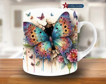 Watercolor Butterfly Mug Wrap, 11oz & 15oz Mug Design, Mug Sublimation Design, Mug Wrap Template PNG,Coffee Mug,Instant Digital Download PNG