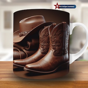 Stivali da cowboy e cappello da cowboy, modello per tazza da 11 e 15 once, design per sublimazione di tazze western, modello per tazza, download digitale PNG
