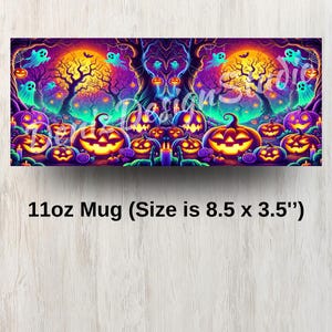 May include: An 11oz mug with a Halloween design featuring a colourful scene of jack-o'-lanterns, ghosts, and trees. The mug is 8.5 inches wide and 3.5 inches tall.