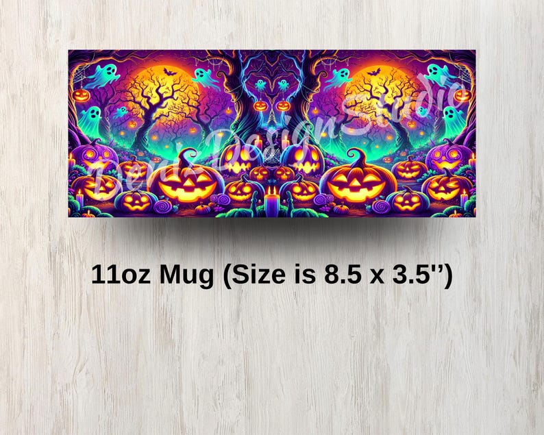 May include: An 11oz mug with a Halloween design featuring a colourful scene of jack-o'-lanterns, ghosts, and trees. The mug is 8.5 inches wide and 3.5 inches tall.