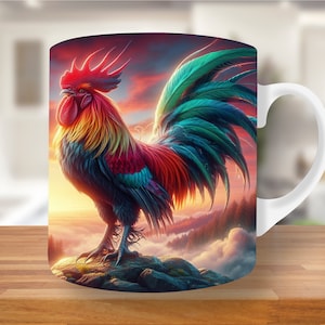 Envoltura de taza de gallo de colores, plantilla de taza de 11 oz y 15 oz, diseño de sublimación de taza, plantilla de envoltura de taza, descarga digital PNG, envoltura de taza de gallo png